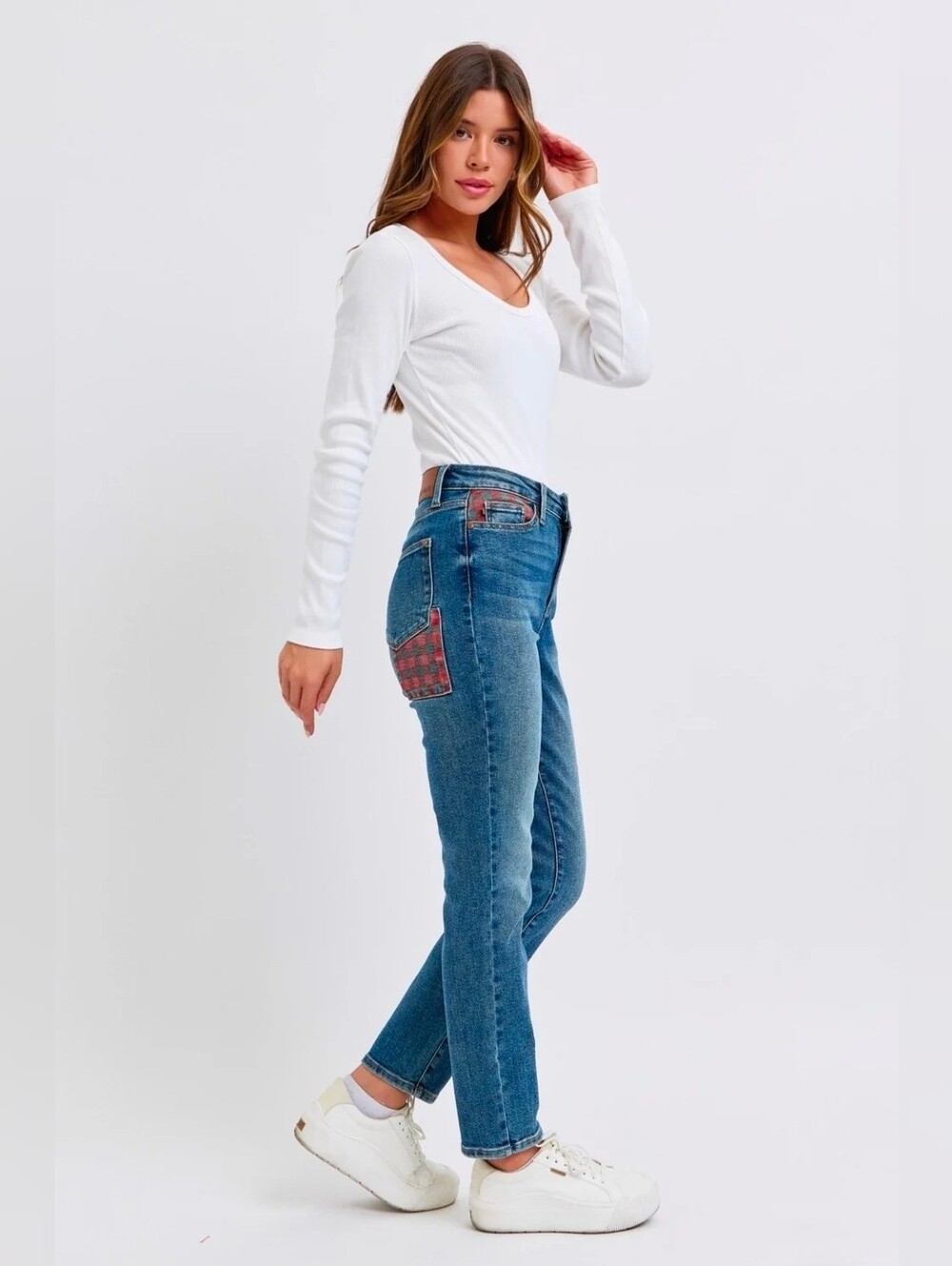 Judy Blue Plaid Patch High-Rise Slim Fit Straight Leg Jeans Size 5/27 NWT